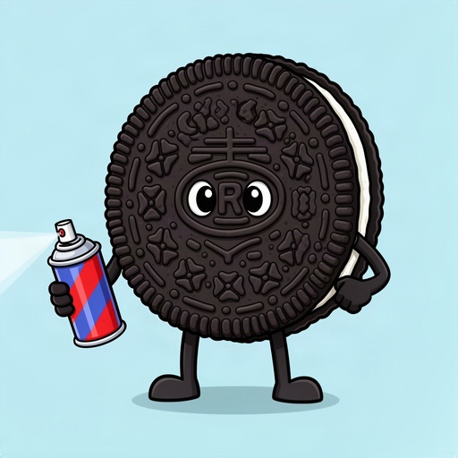 Cartoon Oreo cookie and a spray can in its hand