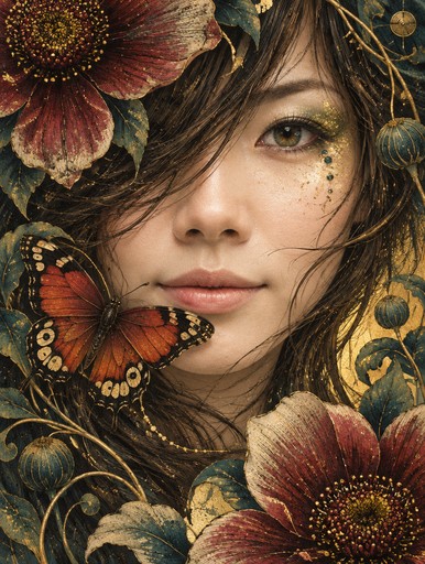 AI art portrait of a person framed by red flowers, butterflies, and gold foliage