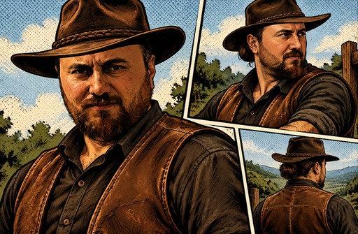 Comic-style panels show a cowboy in a brown hat and vest outdoors.