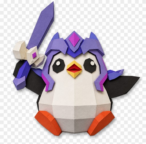 Low-poly geometric penguin holding a purple crystal sword on transparent background