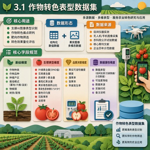 3.1 作物转色表型数据集
核心用途：支撑AI图像表型识别、作物转色痛点研判、靶向作物筛选、转色效果量化评估。
数据形态：结构化数值数据+果实图像多模态数据
核心字段规范：
•
基础维度：作物种类、作物品种、种植产区、栽培模式（露地/大棚/温室）、物候期、树势/苗情；
•
生理表型维度：叶绿素含量(SPAD值)、花青素含量、类胡萝卜素含量、番茄红素含量、果实着色面
积占比、果皮色差参数(L*/a*/b*)、着色均匀度、花脸果率、返青率；
•
品质关联维度：果实可溶性糖度、硬度、落果率、裂果率、早衰发生率；
•
数据属性维度：数据类型（田间实测/文献数据/示范数据）、可信度等级、数据来源、采集时间、
备注说明。
数据来源：田间仪器实测、无人机/手机图像采集、农科院公开试验数据、核心期刊文献、企业历年示
范数据。