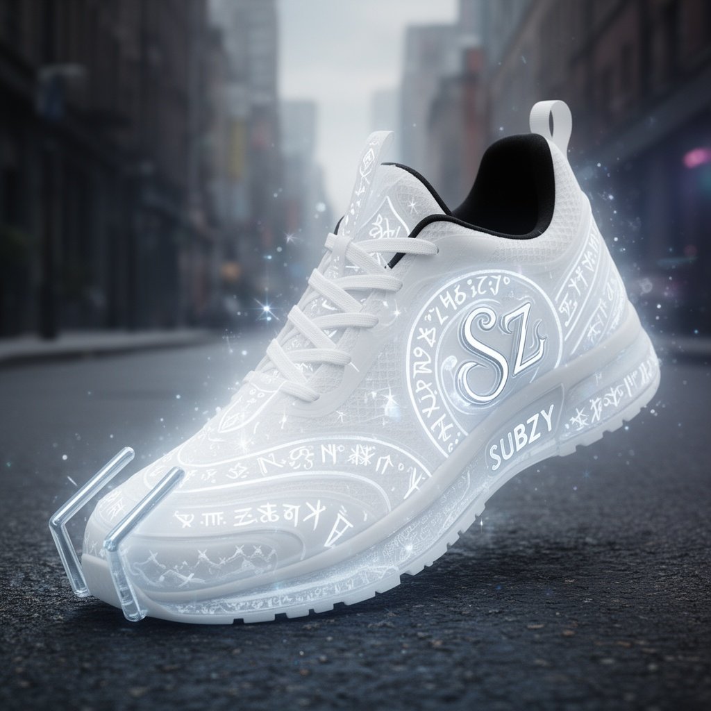 <<couleur blanche Type : hybride Semelle : urbaine Présence du logo sur le côté tel que tu l’as oui mais à la place du logo S encerclé tu mets plutôt SZ en majuscule Sensation premium street Le bout de l’avant de la basket du mets deux barres quittant les bords des lacets jusqu’en avant de la paire , pour le coté tu mets SUBZY , pour la semelle tu reproduis le début. de L’intérieur de la paire doit être noire. Tu me donnes des images de face et de profil>> c’est l’idée generale c’est une paire du quotidien très mode solide et urbain. Vas y donne un croquis