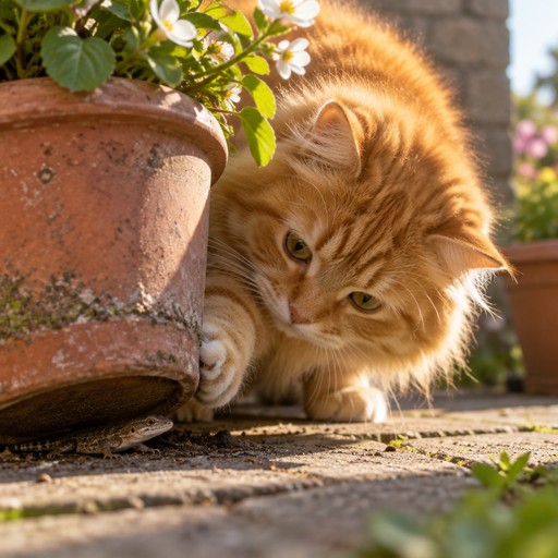 A fluffy orange cat peeking under a flowerpot, paw lifting it slightly, cinematic close-up, warm sunlight, photorealistic detail, shallow depth of field.