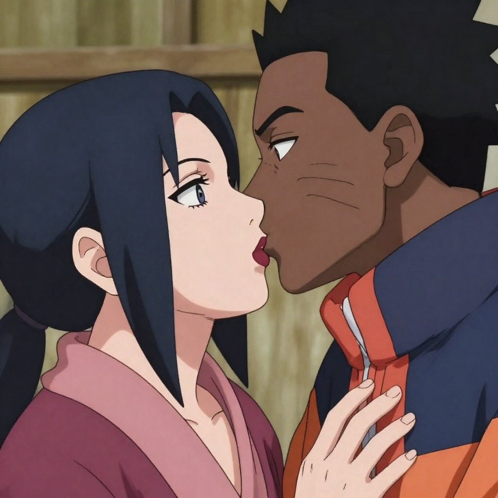 Tsunade and a Black man are kissing, Naruto watches them in astonishment.