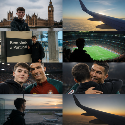 Turn this photo into a realistic video. Show the person traveling by airplane from England to Portugal to meet Cristiano Ronaldo. Then show them attending a football match where Ronaldo is playing. During the match, have the person meet Ronaldo, take a photo together, and hug Ronaldo. After that, show the person getting back on an airplane and traveling from Portugal back to England. Make the whole video cinematic, realistic, natural, and emotional, with smooth transitions.

