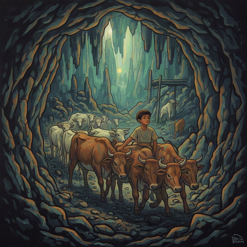 A boy herding cattle