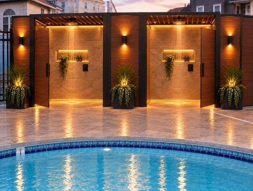 Modern brick poolside building with illuminated doors, plants, and blue swimming pool.