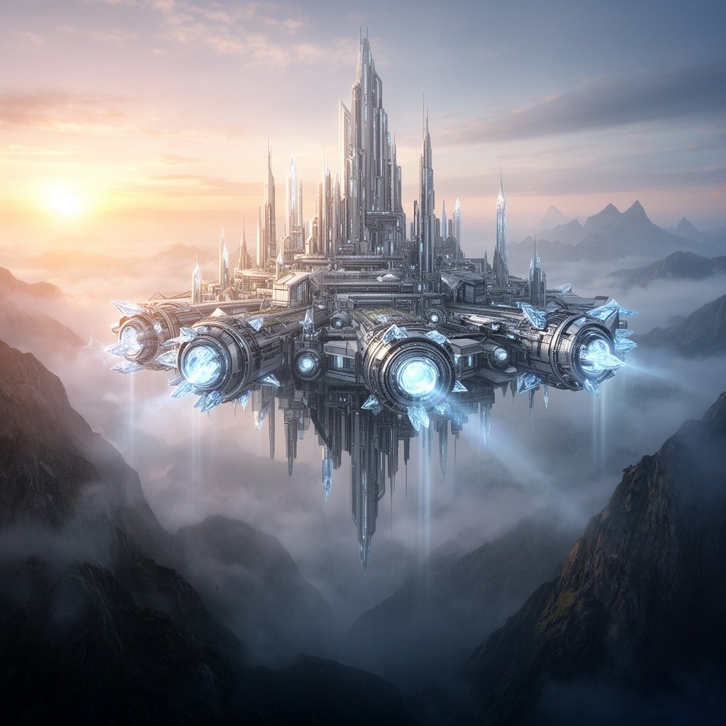 A massive floating city powered by crystalline engines hovering above misty mountains at sunrise