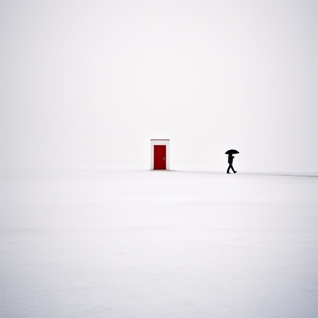 A lone figure with an umbrella walking across a vast white desert toward a single red door