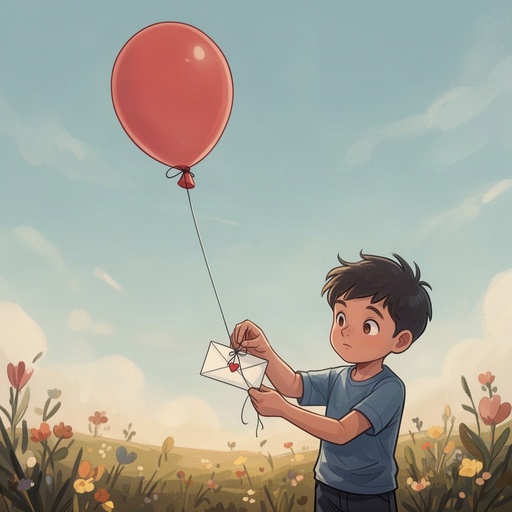 A boy tying a letter to a balloon
