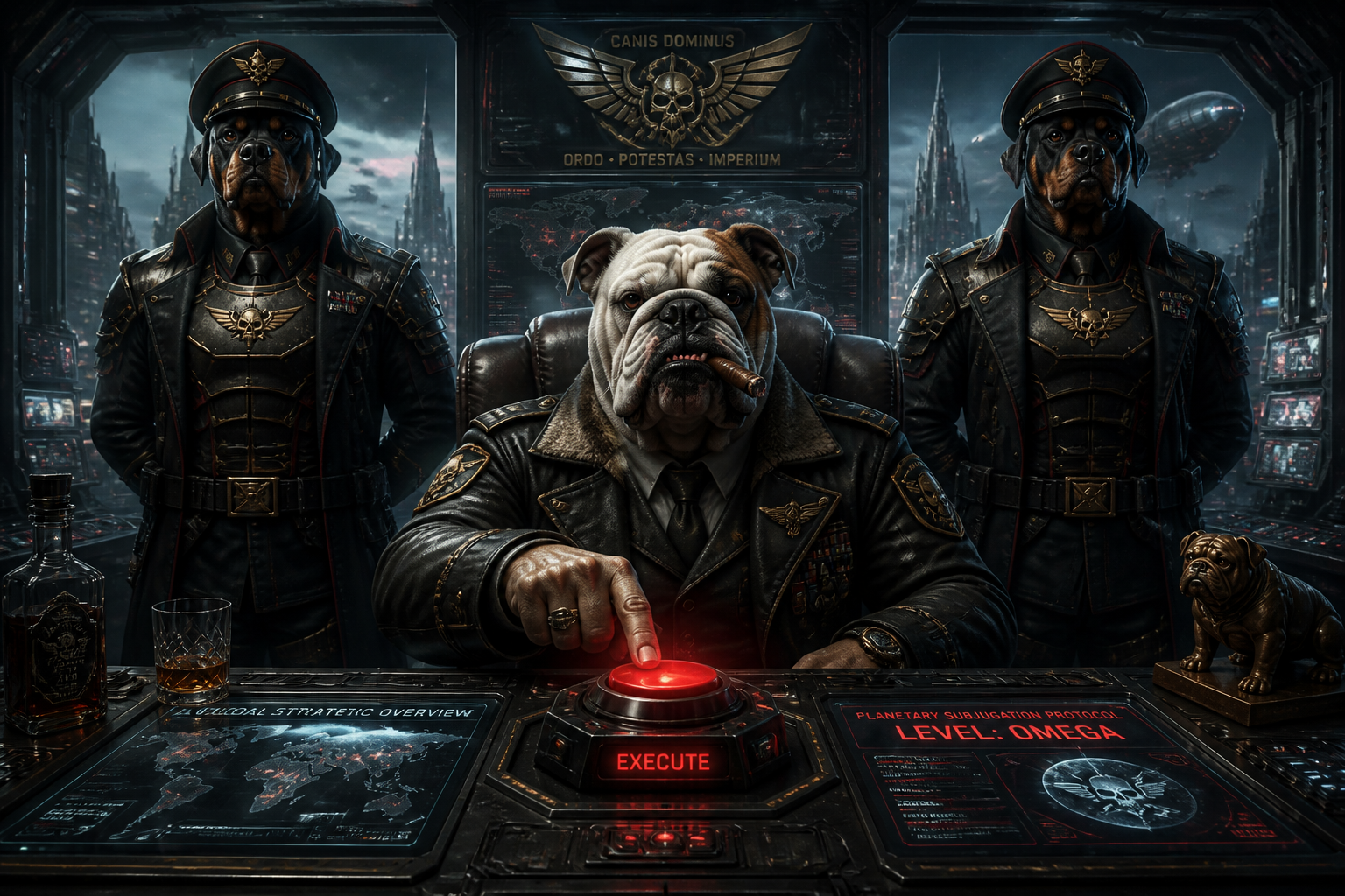 A futuristic background. A human figure with a bulldog head is sitting behind the desk. He is wearing semi-military clothes and holding a cigar in his mouth. He is keeping his finger on a big red button in the middle of the desk. Two more human figures with a rothwailer head are standing behind him on both sides. They are wearing futuristic military uniforms and hats.
