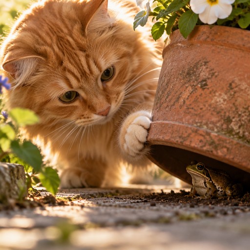 A fluffy orange cat peeking under a flowerpot, paw lifting it slightly, cinematic close-up, warm sunlight, photorealistic detail, shallow depth of field.