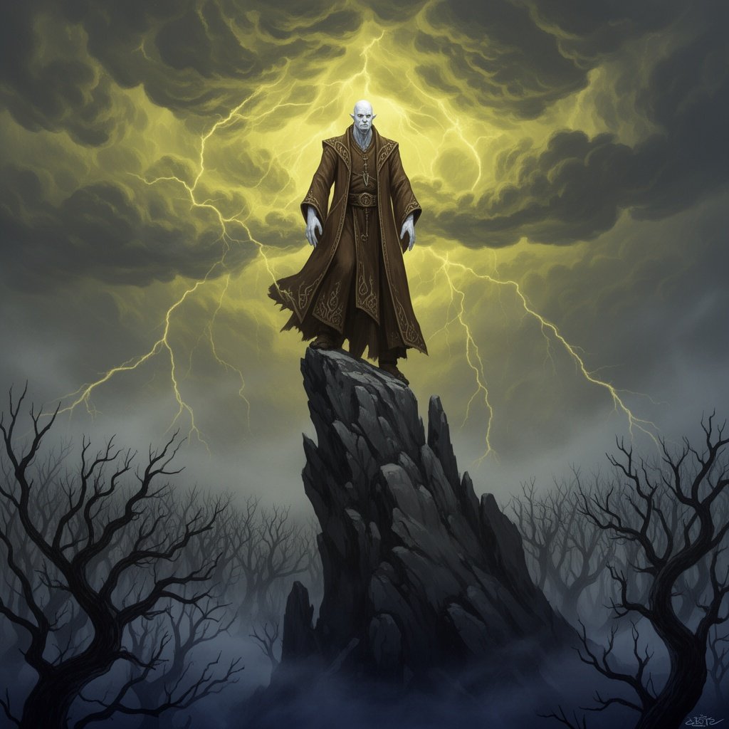 A bald man with bluish white skin wearing a brown robe and standing on top of a tall rock in a world with yellow storm clouds in the sky, and the man is above the treetops of a forest of black, leafless trees