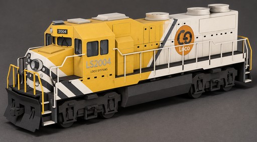 Yellow-and-white locomotive with black railings on a gray background