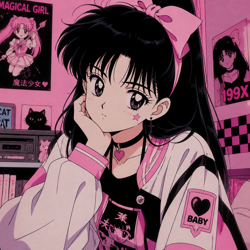 90s anime girl pink white and black 