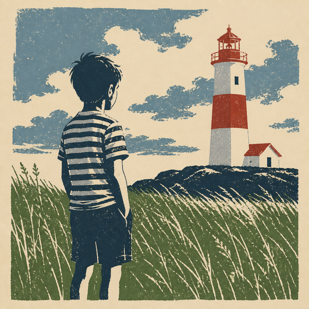 A boy standing in a grassy area with a lighthouse in the background