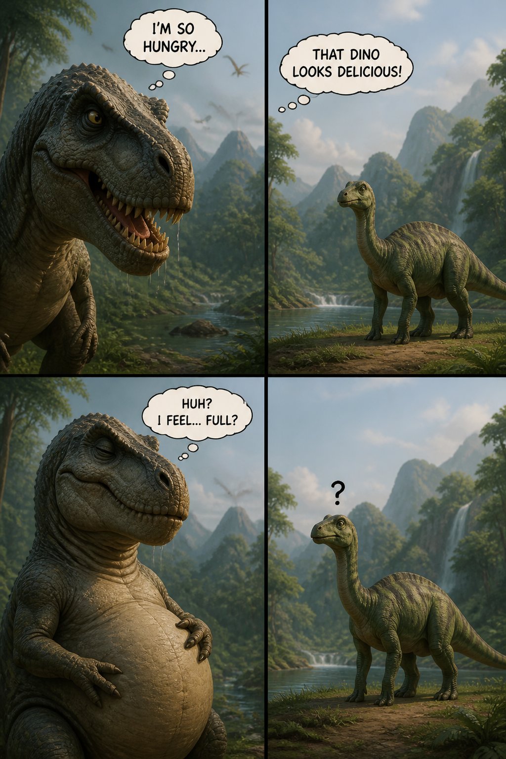 Illustrated dinosaur scenes with speech bubbles in a misty mountain landscape.
