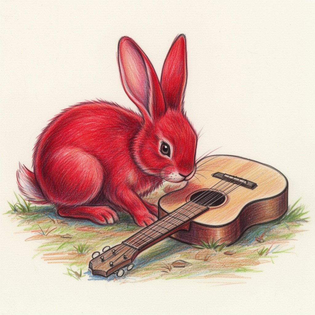 A red rabbit discovering a guitar on the ground