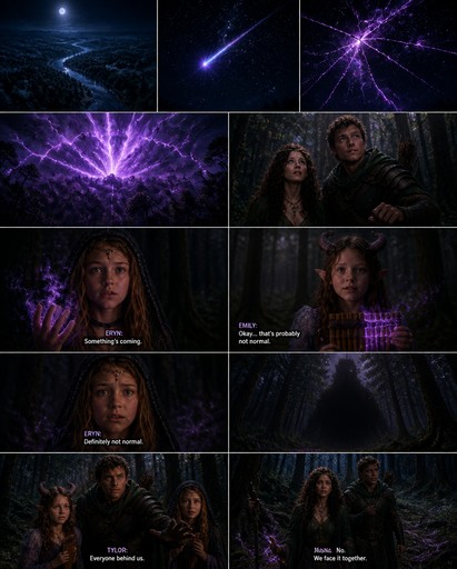 Cinematic purple sci-fi collage featuring people, glowing energy, and forest scenes.