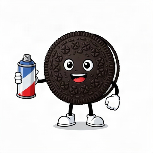 Cartoon Oreo cookie and a spray can in its hand