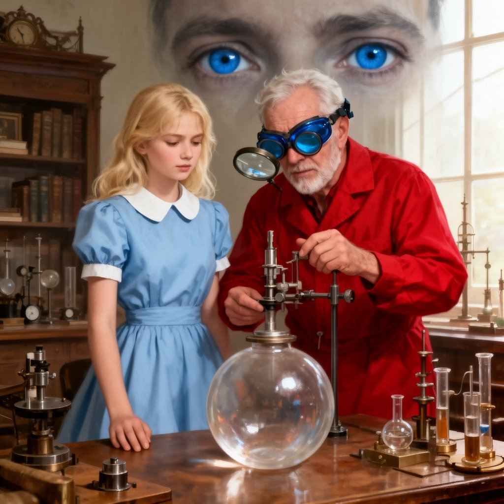 Kandinsky2.2 a hyperrealistic, 8K resolution, cinematic lighting, shot on 35mm lens, f/1.8, high contrast, crisp, clear, no blur, photorealistic, intricate detail, texture, 8k, RTX on, dramatic studio lighting sharp focus, cosmic symbolist and ultra-mysterious and mystical and hyper Neo-surrealist painting in the style of Jane Brike A magic realism, cosmic symbolist and ultra-mysterious and mystical and hyper Neo-surrealist, psychedelic painting in the styles of :Hieronymus Bosch, Benozzo Gozzoli, Agostino Arrivabene, Rob Dave McKean, Easo Andrew’s, Umberto boccioni, victor moscoso, Lou Brooks,Neon Park,MicHaggerty, Peter Max, Peter Blake, young man wearing X-ray specs fortune teller with a crystal ball stares into it with raised eyebrows and A decadent cherry tart done in a Rene Magritte and Wayne Thiebaud surreal style , rendered in an impressionist style with soft brushstrokes and vivid, expressive colors, capturing a contemplative incredible blue eyes and introspective mood, smiling at the camera, 1950s or 1960s style, studio with bold colors A blonde with long hair teenage girl 15 years old wearing an Alice blue dress with a white linen Peter Pan collar, stands beside an older man in a red outfit. The man wears blue-tinted goggles with a head mirror, adjusting a scientific instrument over a clear spherical object. Both are in a vintage, well-lit room filled with scientific equipment and books. Visible blue eyes in the background, observing the scene