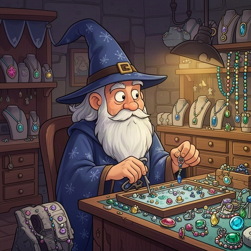 A wizard working as a jeweler