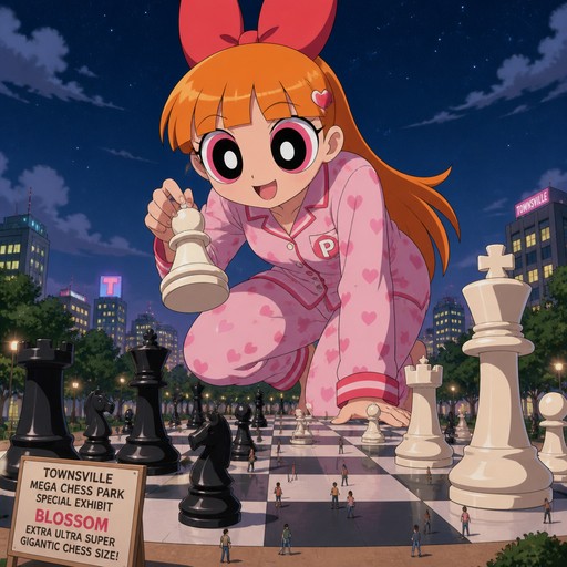 Blossom from Powerpuff Girls Z wearing a pajama smiling withExtra ultra super gigantic huge chess size