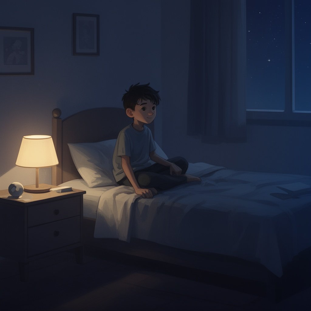A boy sitting on his bed in his bedroom at night with a lamp that is turned on and on a nightstand next to the bed