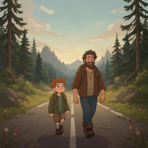 A boy and a man walking together down a road in the wilderness