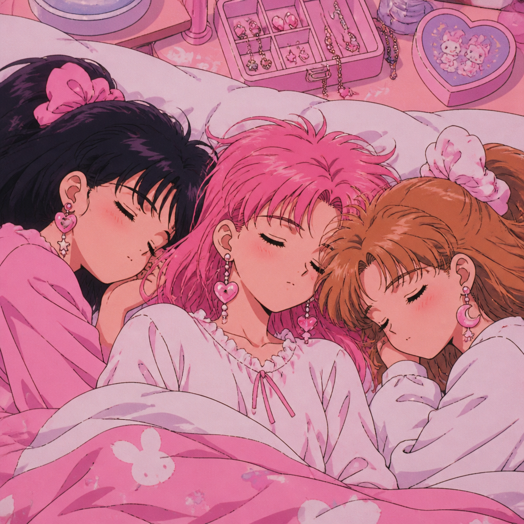 Anime girls earrings 90s anime pink and white sleeping 3 girls